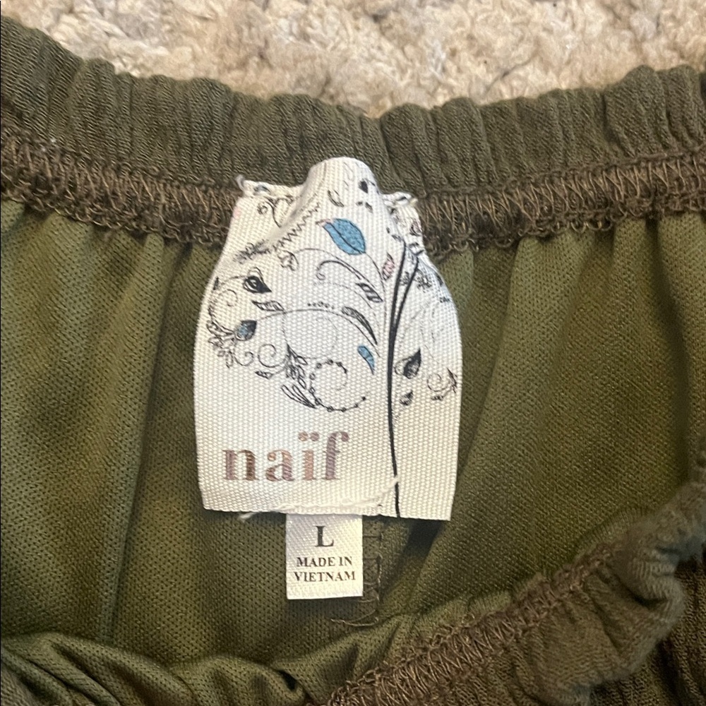 naif  Olive Green Bohemian Tunic Dress with Ruffle Sleeves Large - Picture 2 of 6